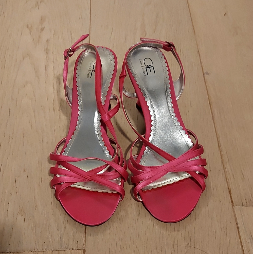 Cause & Effect pink satin low heel sandals, size 9